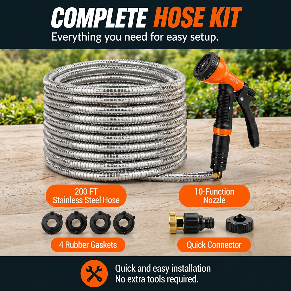 Stainless Steel Garden Hose, 9 Pattern Spray Nozzle
