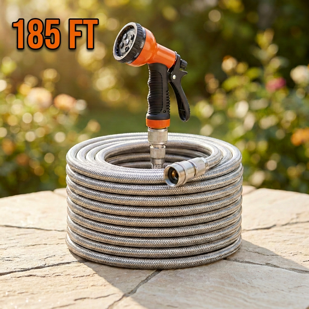 Stainless Steel Garden Hose, 9 Pattern Spray Nozzle