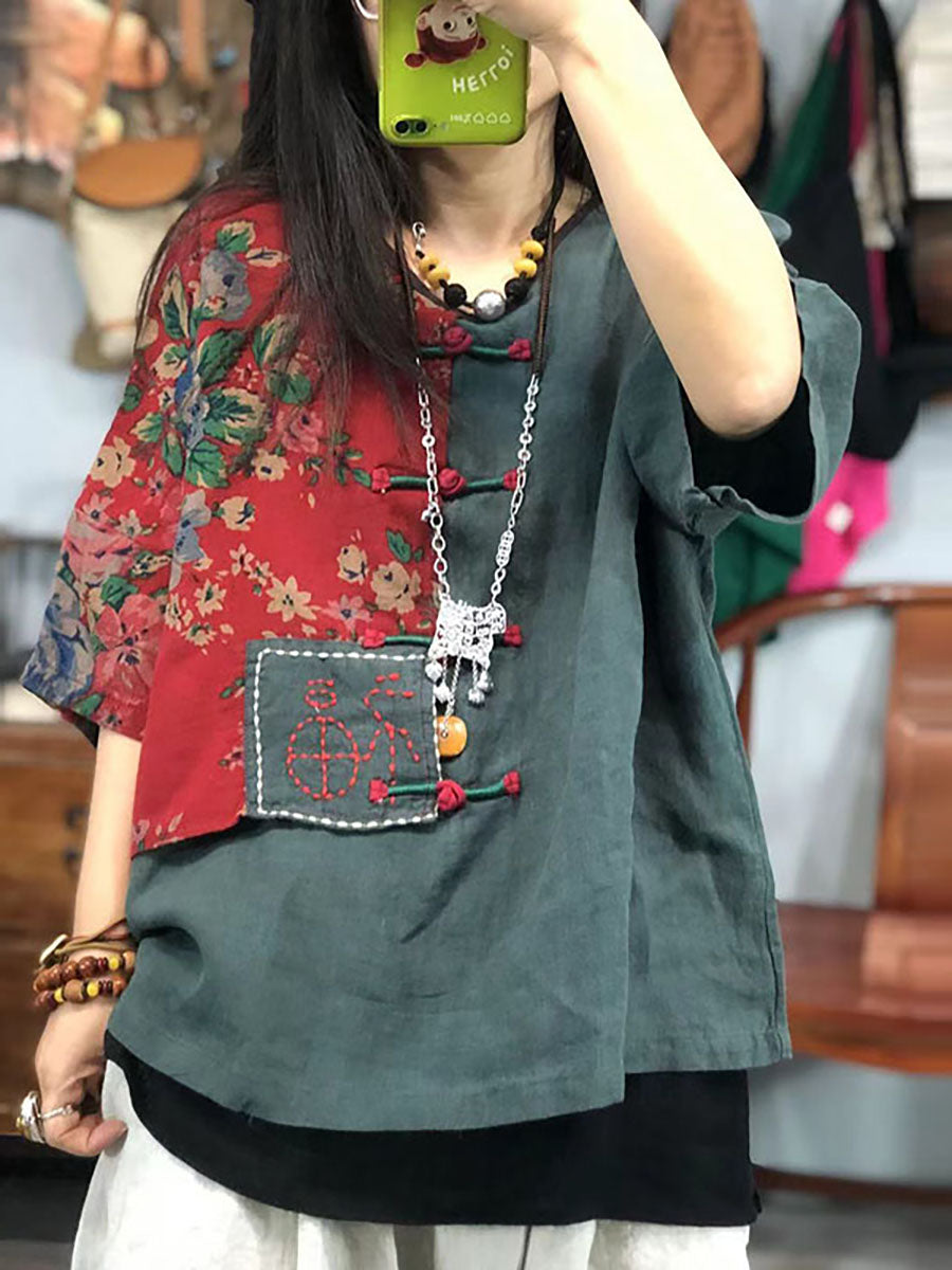 大尺碼女用刺繡花卉復古苧麻棉拼接 T 卹