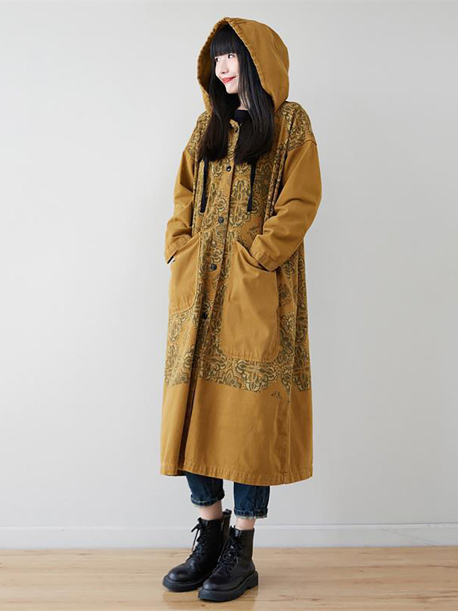 女款藝術花朵拼接長版牛仔連帽大衣