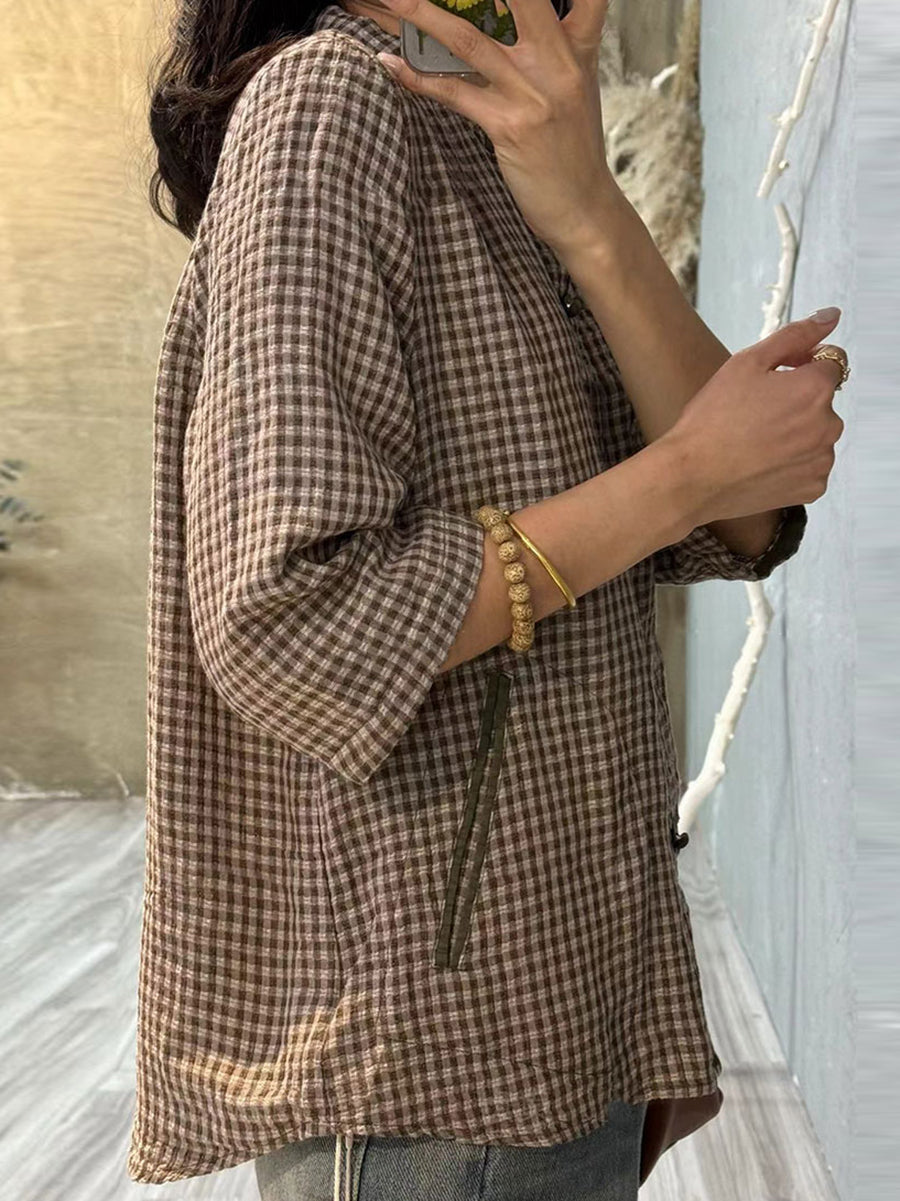 大尺碼女款復古格紋夏季棉質羈絆襯衫
