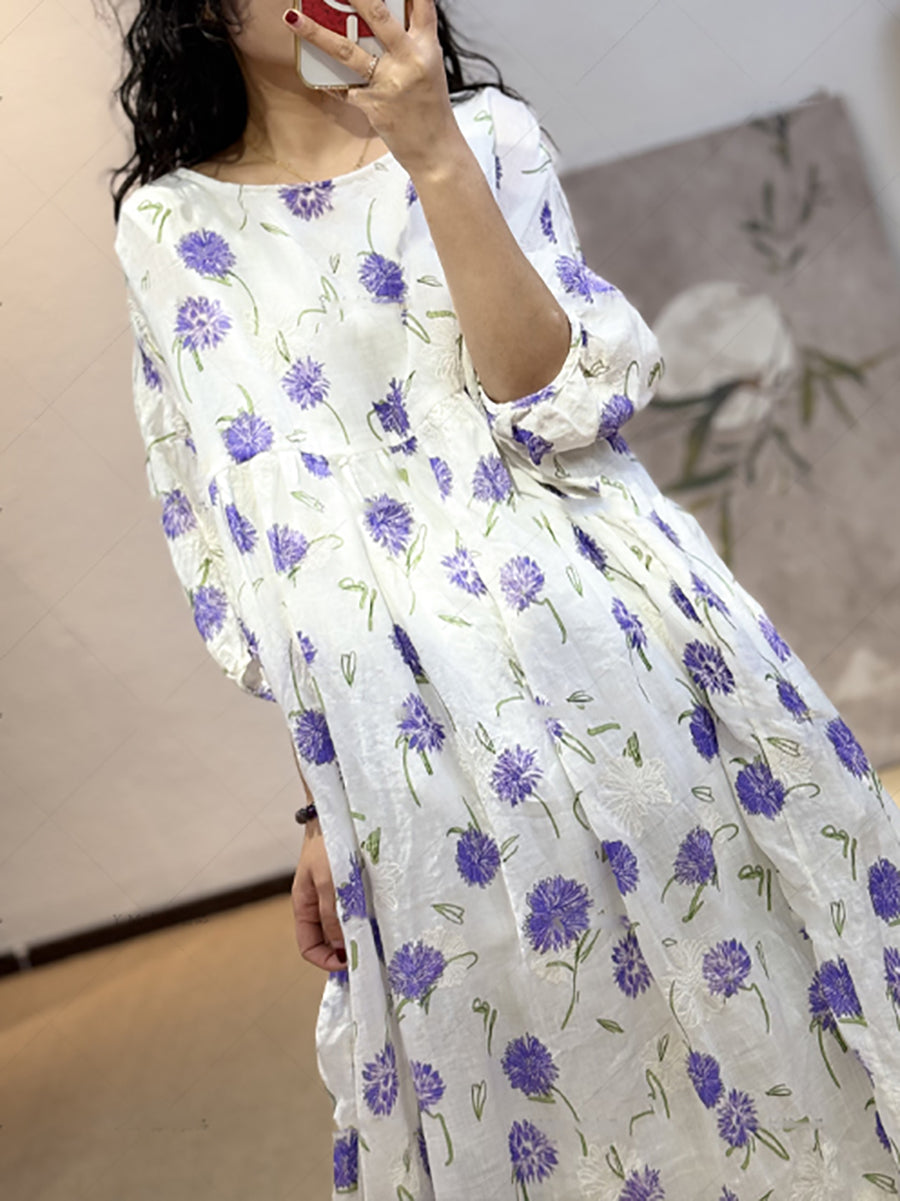 女士夏季藝術花朵圓領連身裙