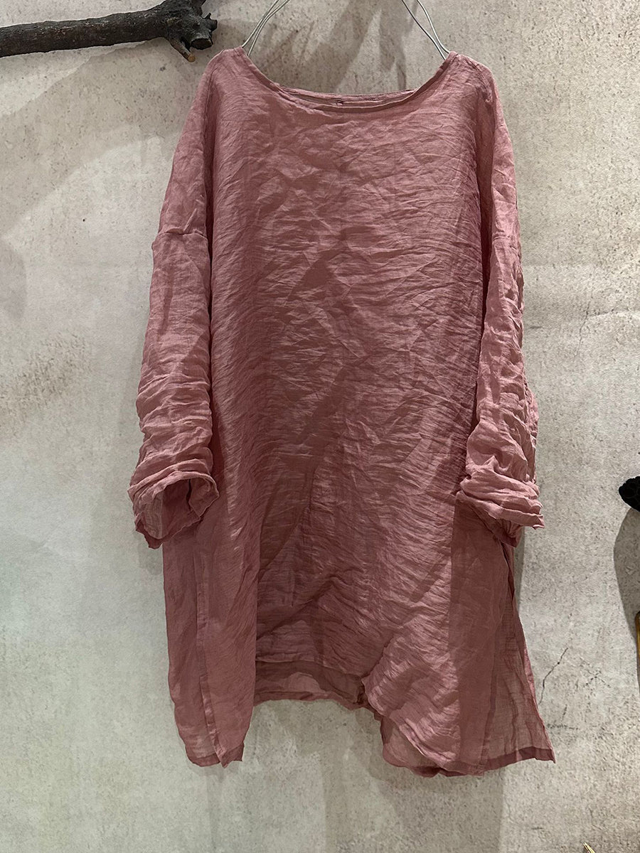女士夏季純色藝術圓領苧麻襯衫