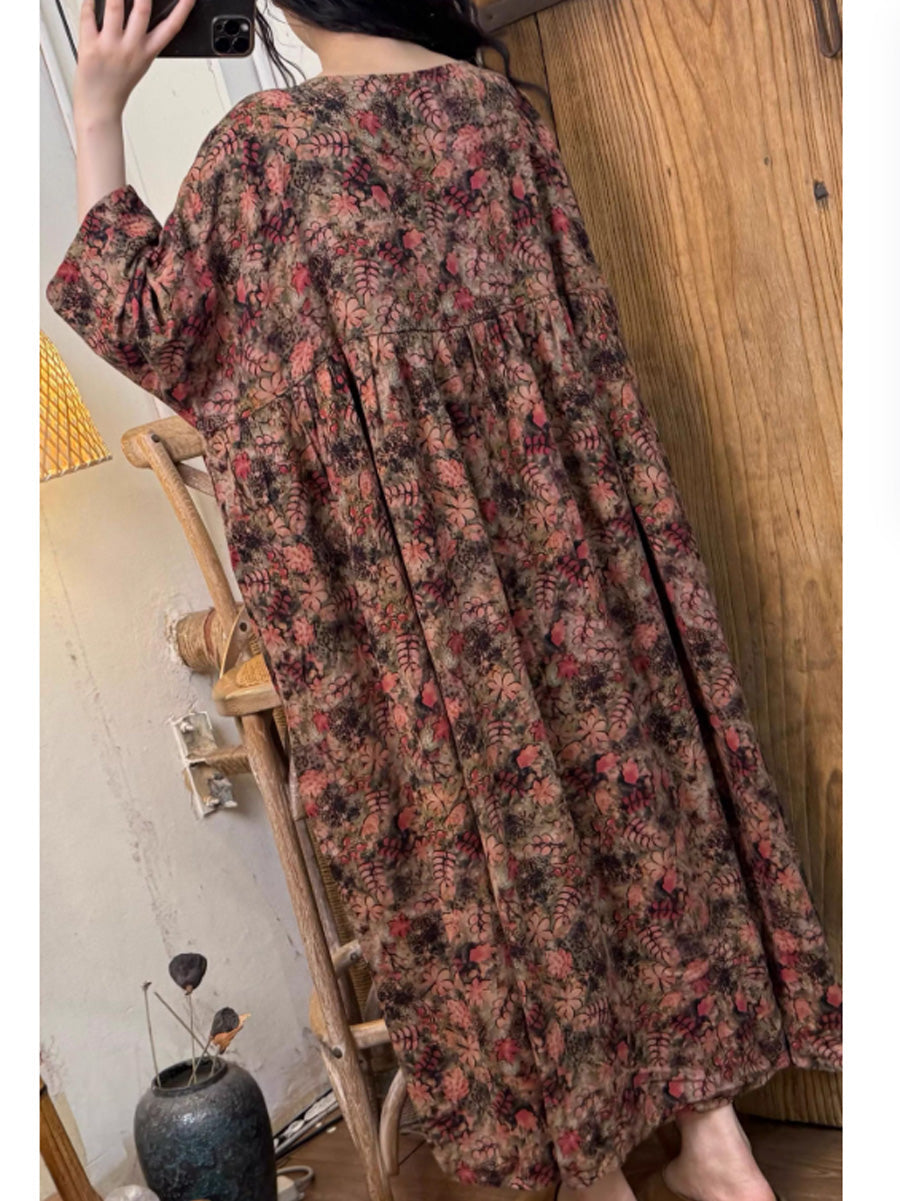 女士夏季藝術花朵圓領棉質連身裙