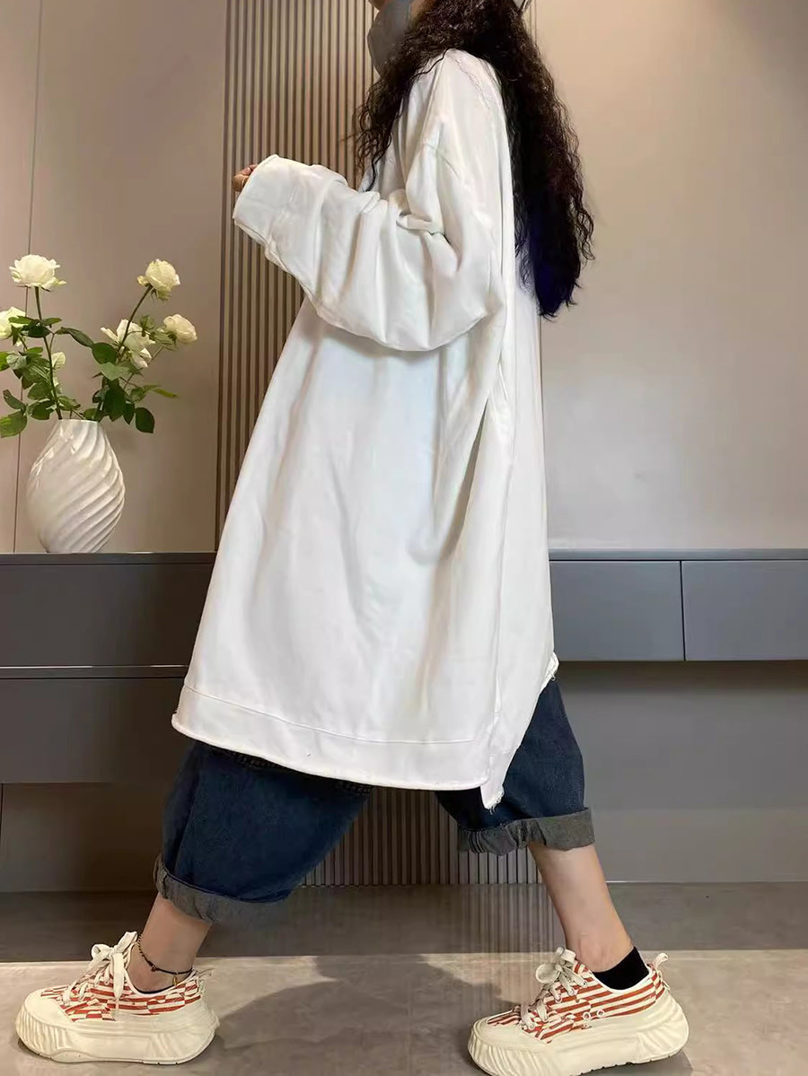 大尺碼女休閒秋季純色圓領棉質長襯衫
