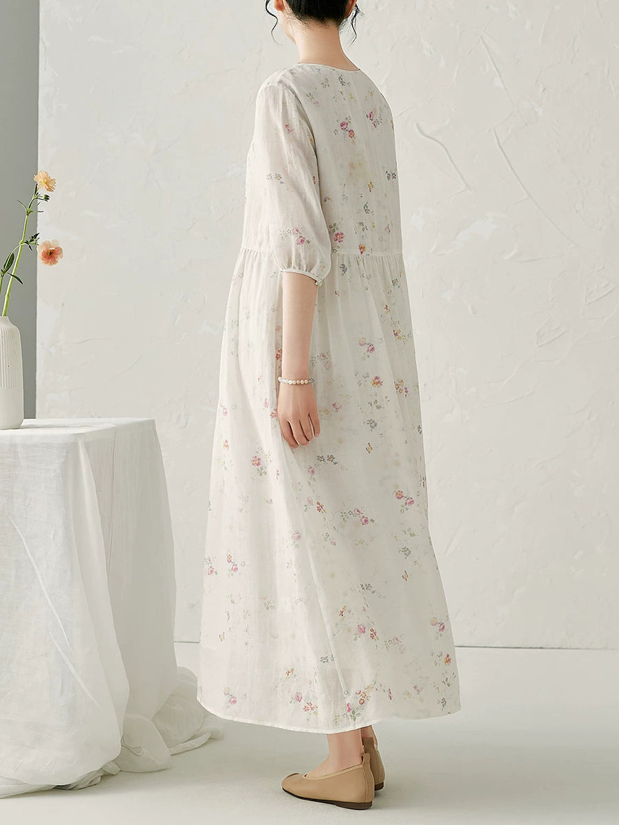 女士夏季藝術風印花苧麻V領連身裙