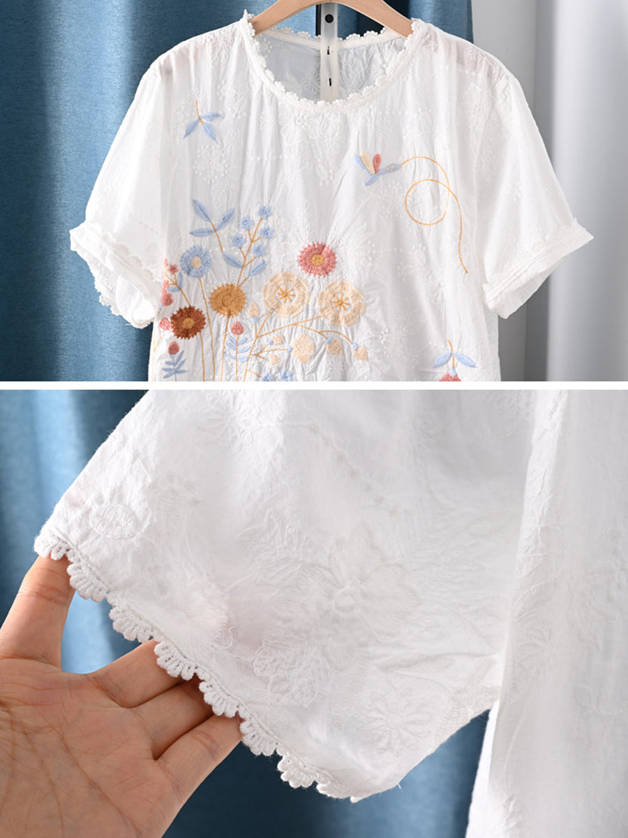 女士夏季藝術花卉刺繡100%純棉襯衫
