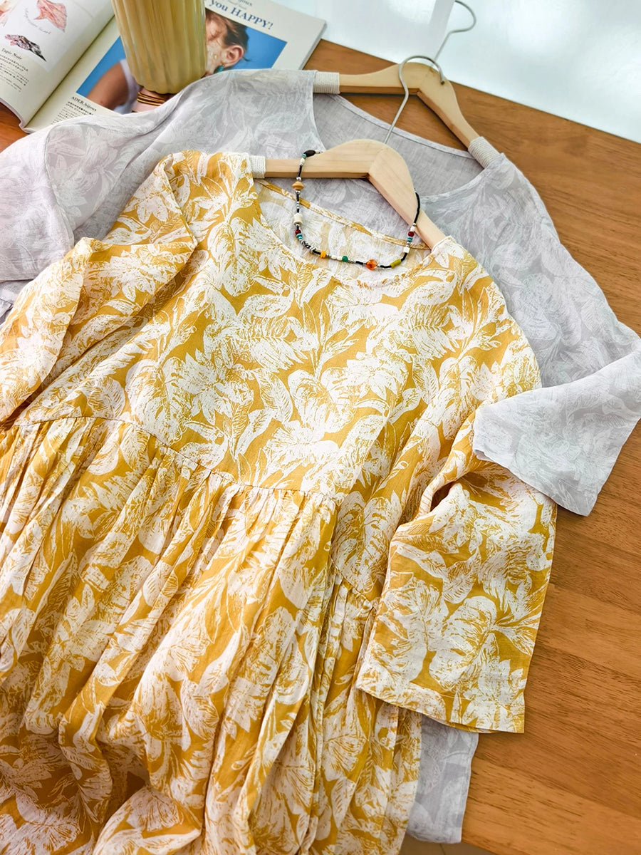 女士夏季藝術風花朵圓領100%苧麻連身裙