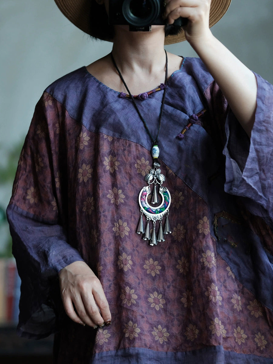 女士夏季復古花朵拼接圓領苧麻襯衫
