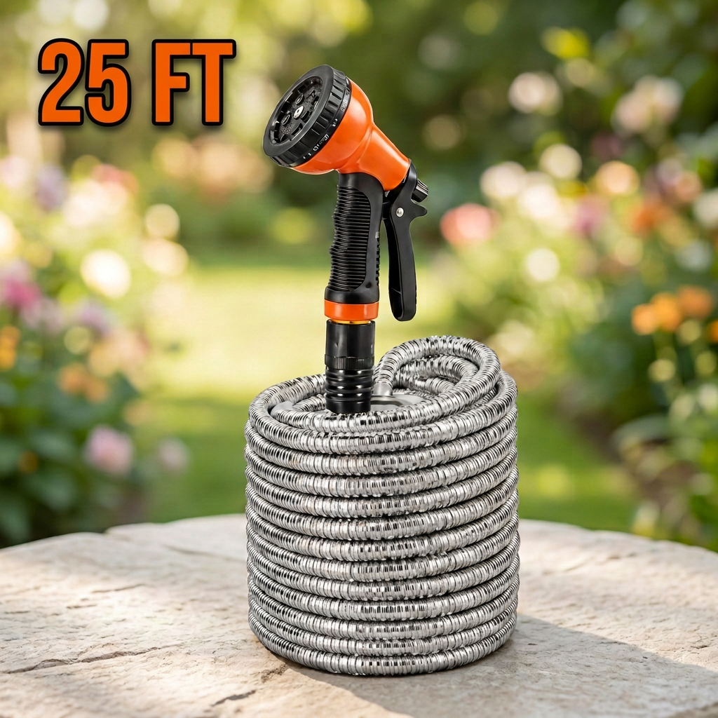 Stainless Steel Garden Hose, 9 Pattern Spray Nozzle