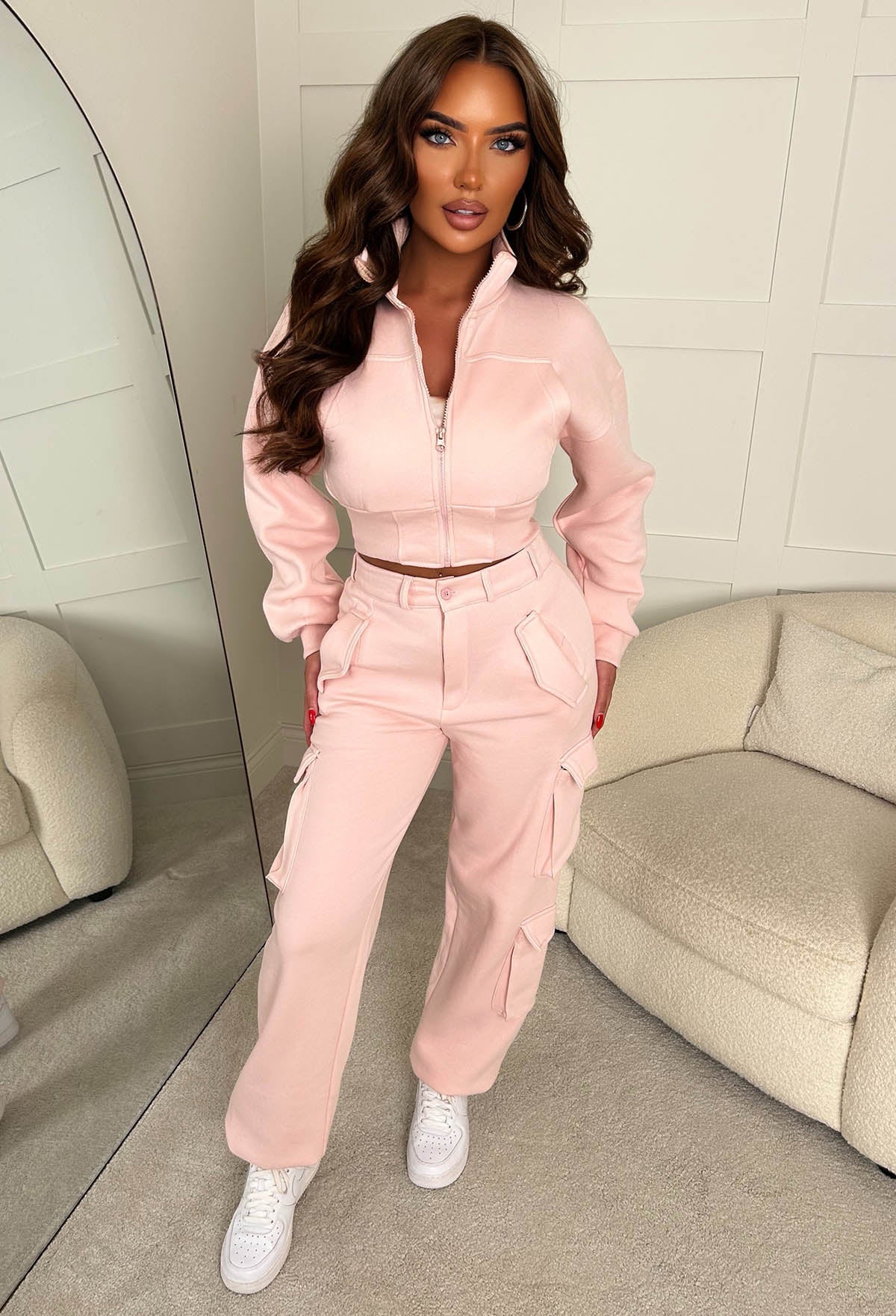 Airport Ready Pink Zipped Jacket & Cargo Jogger Set