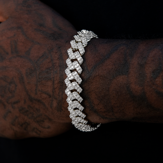 12MM Prong Baguette Cuban Bracelet - White Gold