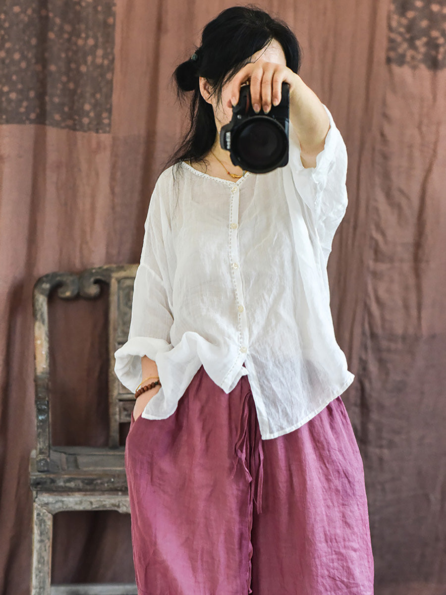 女款復古純色夏季拼接襯衫