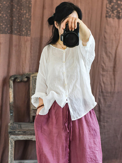 女款復古純色夏季拼接襯衫