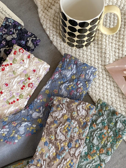 5 Pairs Women Artsy Floral Jacquard Cotton Socks