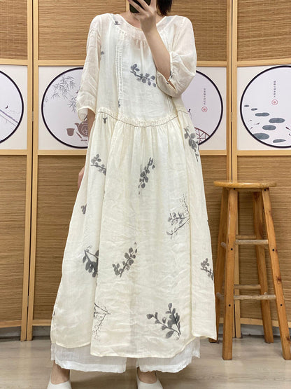 大尺碼女款復古夏季民族葉褶苧麻連身裙