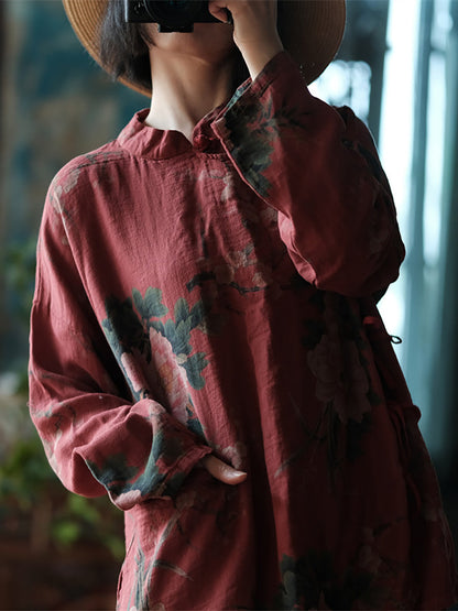 女復古花朵春季寬鬆襯衫
