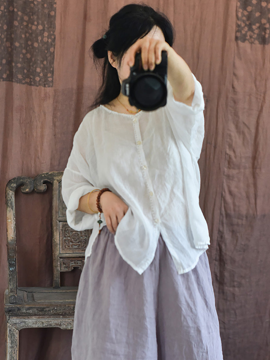 女款復古純色夏季拼接襯衫