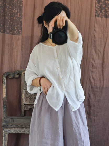 女款復古純色夏季拼接襯衫