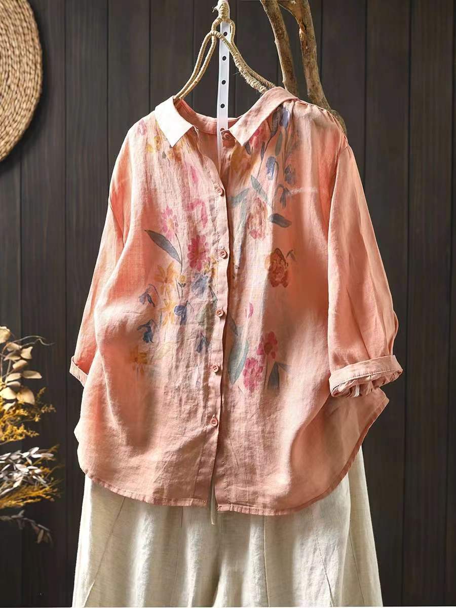 女款藝術夏季花卉印花苧麻襯衫