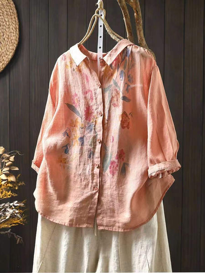 女款藝術夏季花卉印花苧麻襯衫