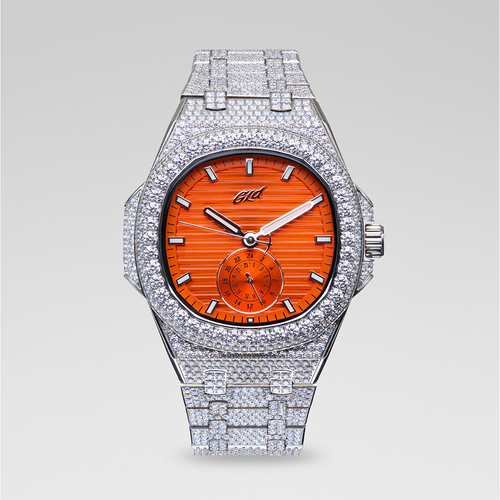 39MM Visionary Fully Iced Case & Orange Dial Watch - White Gold