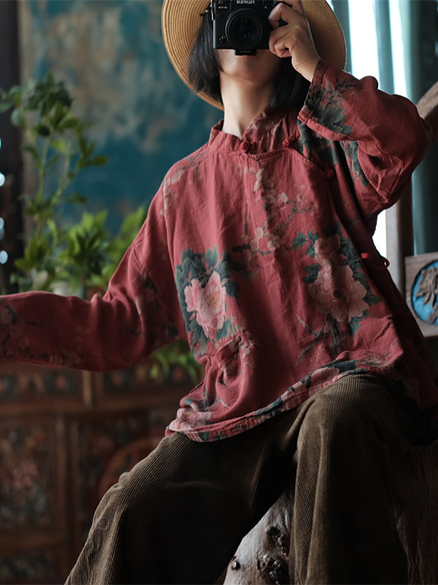 女復古花朵春季寬鬆襯衫