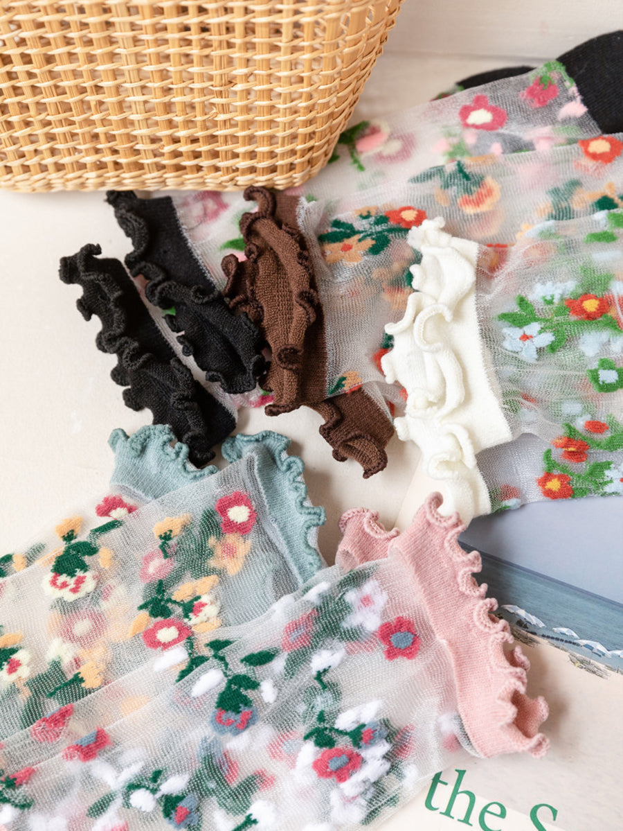 5雙女款夏季花卉蕾絲拼接襪子