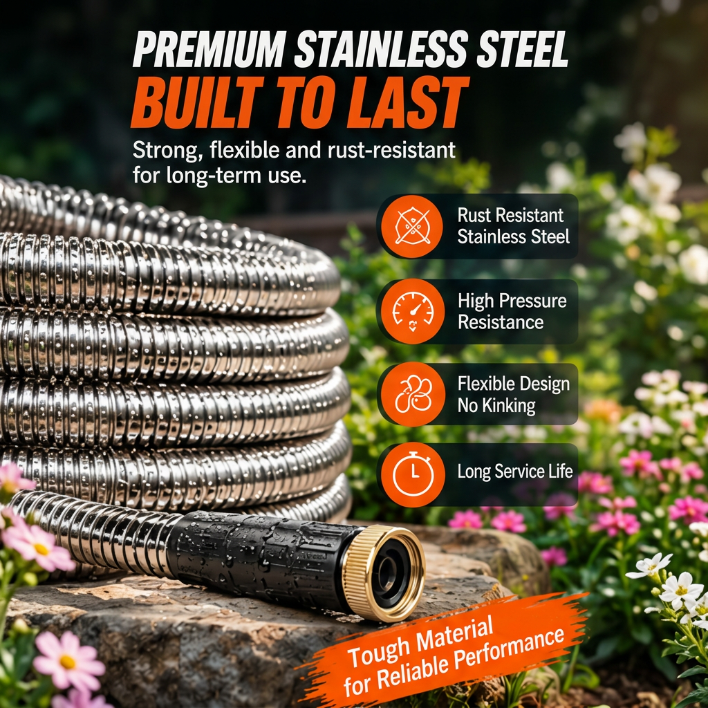 Stainless Steel Garden Hose, 9 Pattern Spray Nozzle