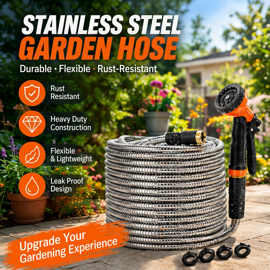 Stainless Steel Garden Hose, 9 Pattern Spray Nozzle