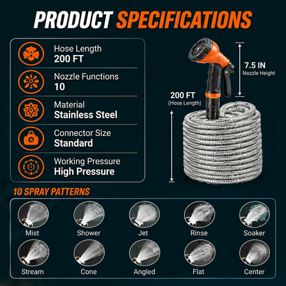 Stainless Steel Garden Hose, 9 Pattern Spray Nozzle