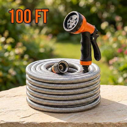 Stainless Steel Garden Hose, 9 Pattern Spray Nozzle