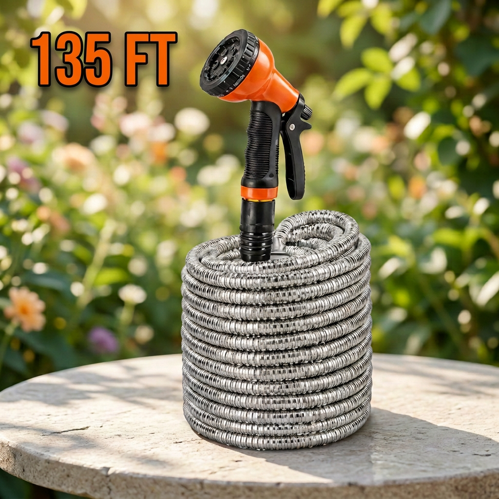 Stainless Steel Garden Hose, 9 Pattern Spray Nozzle