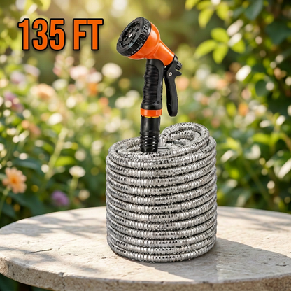 Stainless Steel Garden Hose, 9 Pattern Spray Nozzle