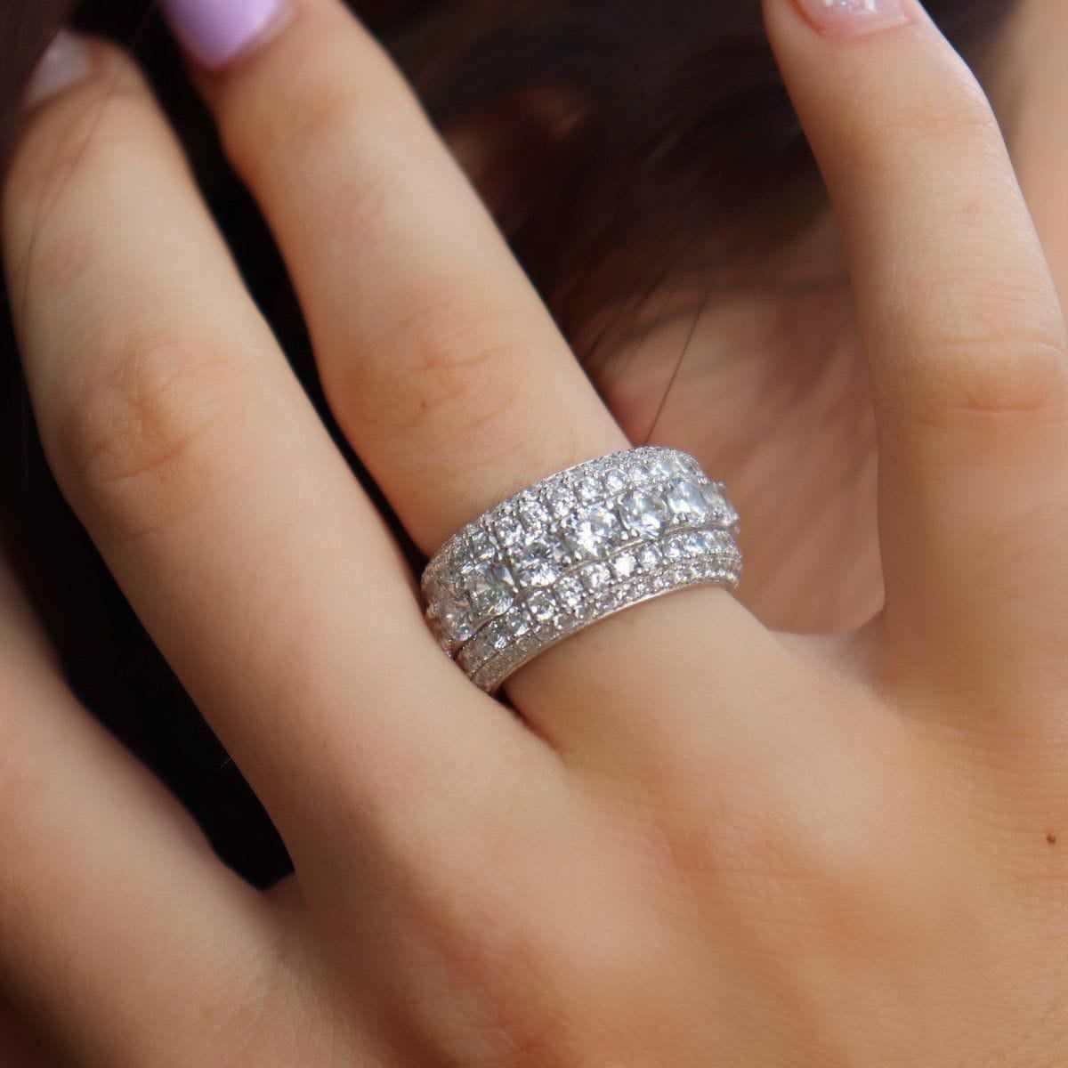 14k Solid Gold White Gold 5 Layer Diamond Band Ring-VS Diamonds