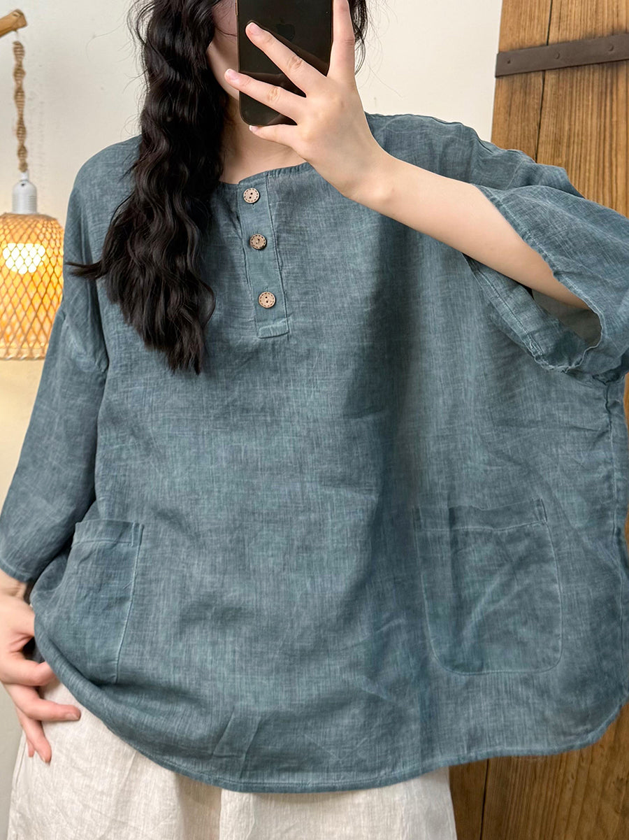 女士夏季復古純色圓領亞麻襯衫