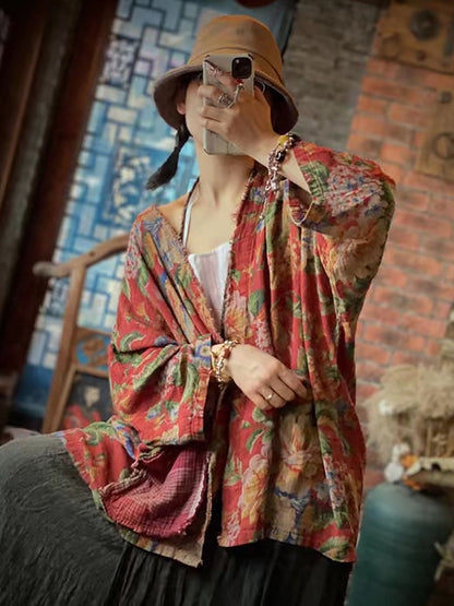 大尺碼花卉秋季女式寬鬆復古襯衫