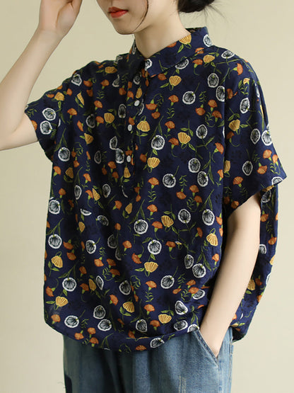 大尺寸-夏季花朵印花薄款棉質碎花襯衫