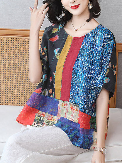 大尺碼夏季印花女款花卉寬鬆亞麻 T 卹