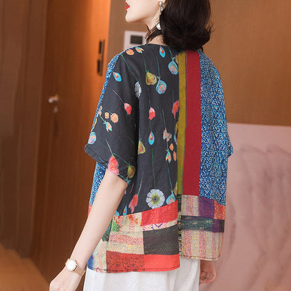 大尺碼夏季印花女款花卉寬鬆亞麻 T 卹