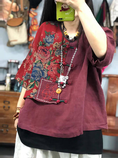 大尺碼女用刺繡花卉復古苧麻棉拼接 T 卹