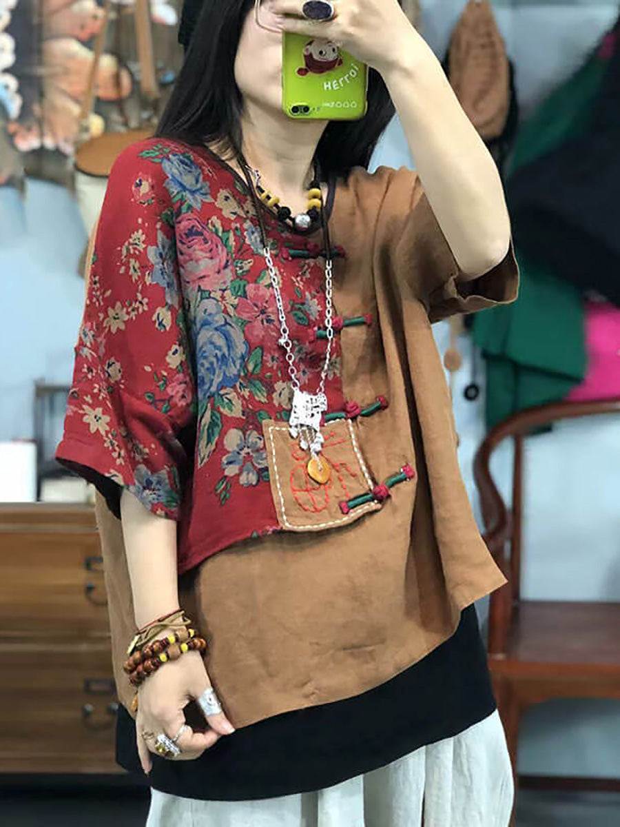 大尺碼女用刺繡花卉復古苧麻棉拼接 T 卹
