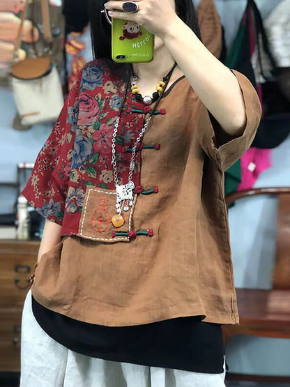 大尺碼女用刺繡花卉復古苧麻棉拼接 T 卹
