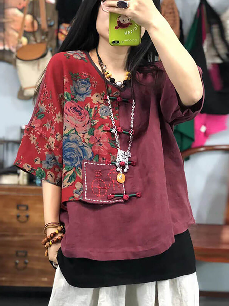 大尺碼女用刺繡花卉復古苧麻棉拼接 T 卹