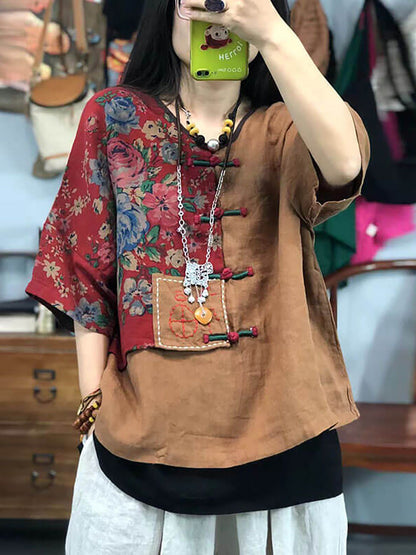 大尺碼女用刺繡花卉復古苧麻棉拼接 T 卹
