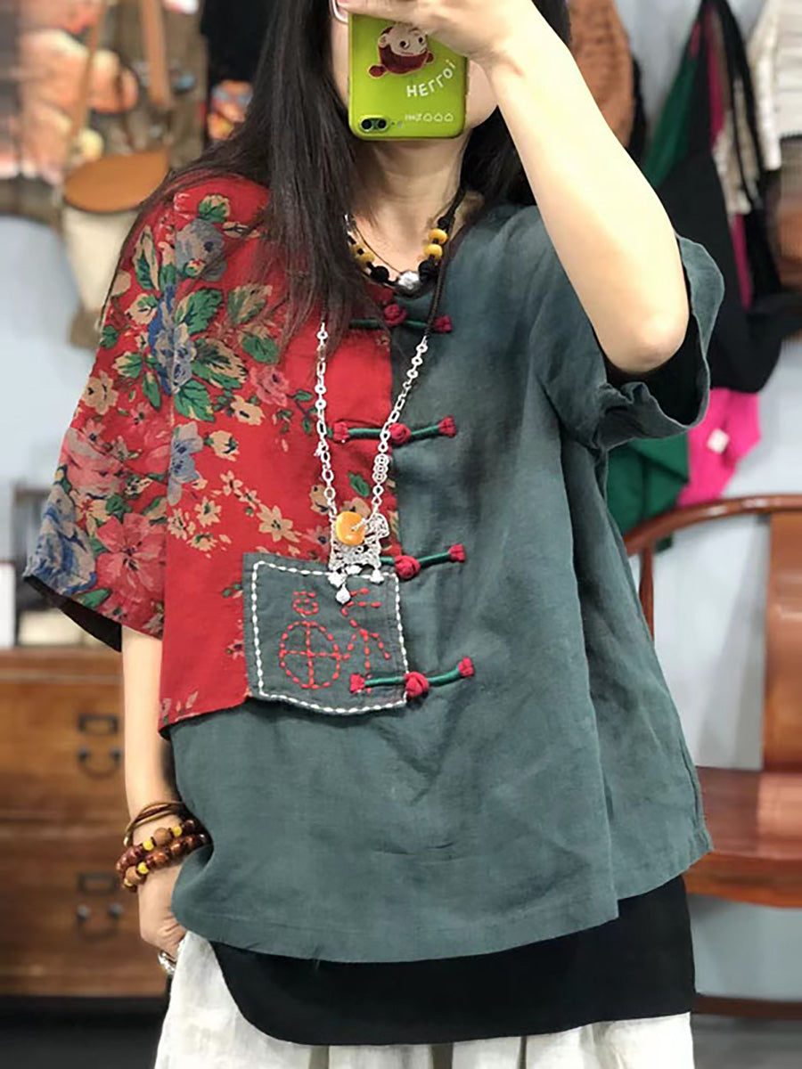 大尺碼女用刺繡花卉復古苧麻棉拼接 T 卹