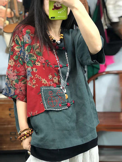 大尺碼女用刺繡花卉復古苧麻棉拼接 T 卹