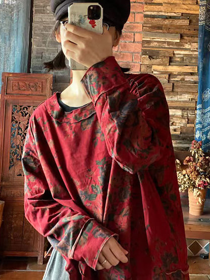大尺碼女款棉質花卉復古長袖寬鬆 T 卹