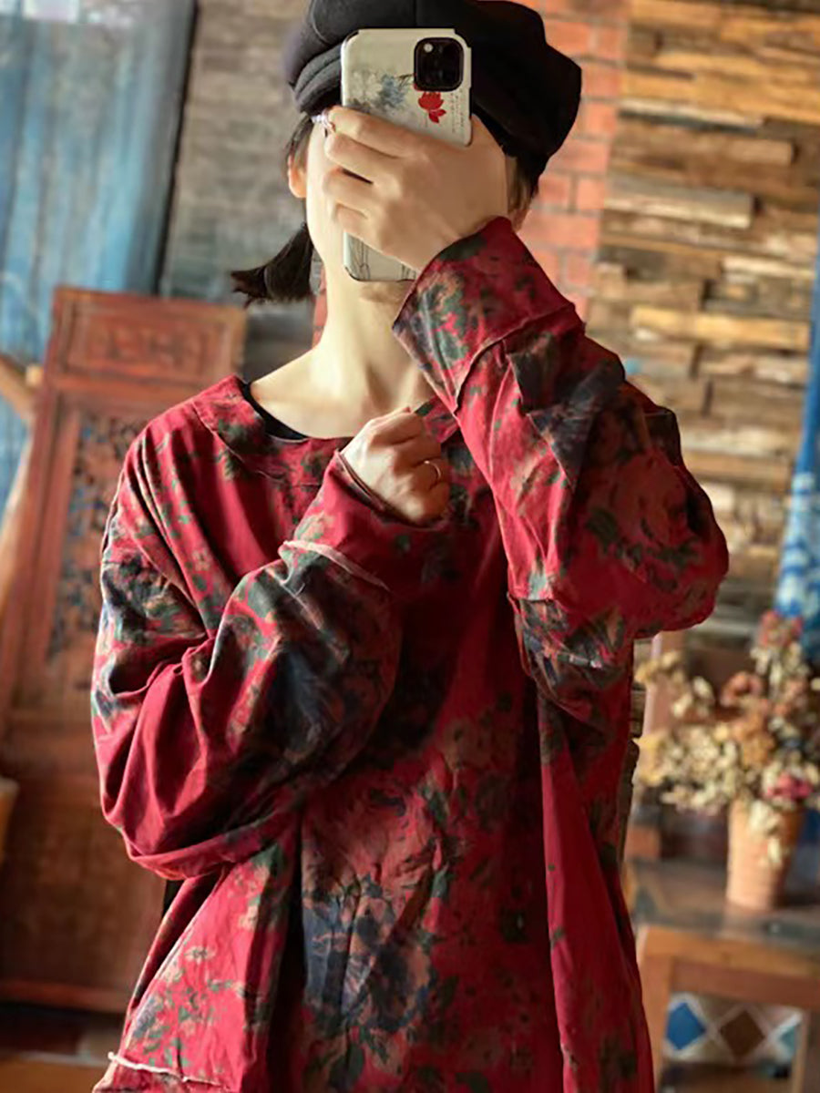 大尺碼女款棉質花卉復古長袖寬鬆 T 卹