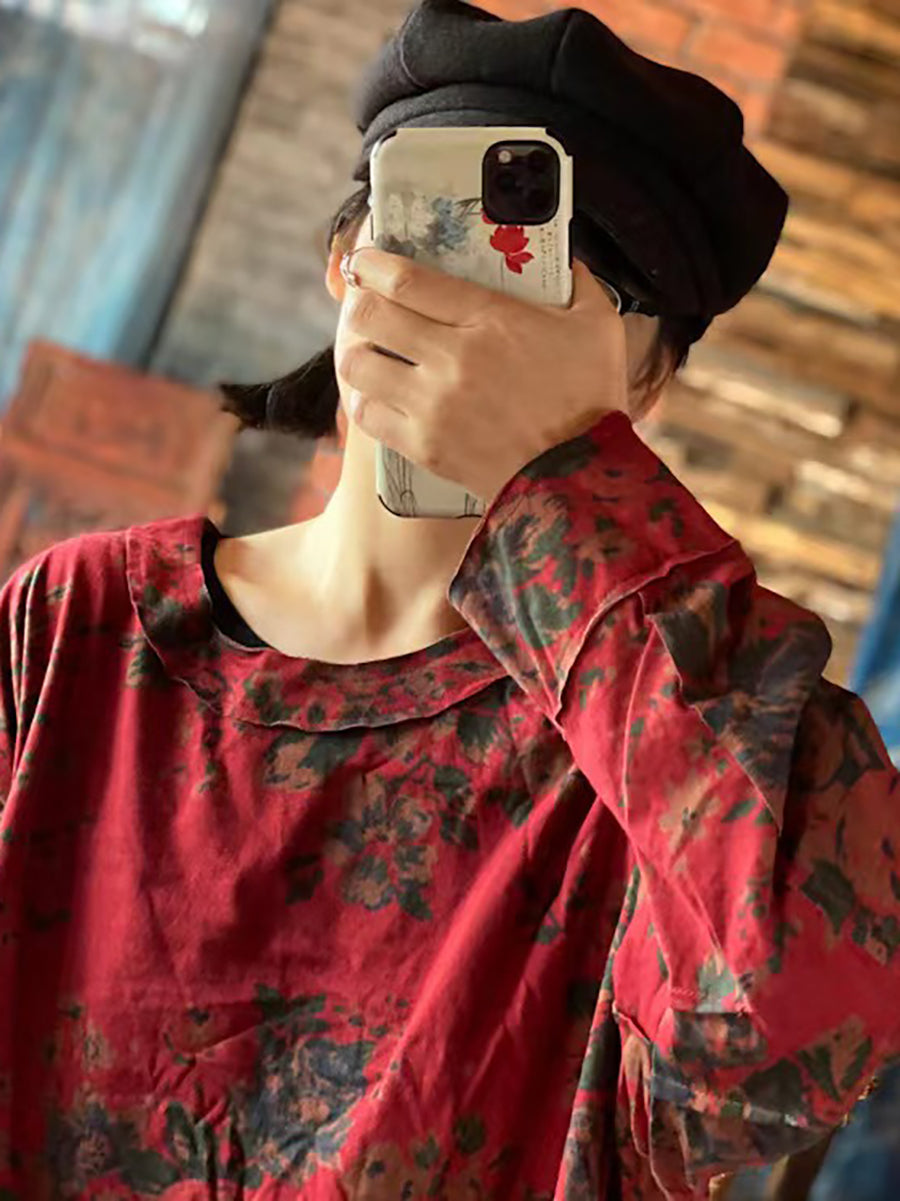 大尺碼女款棉質花卉復古長袖寬鬆 T 卹